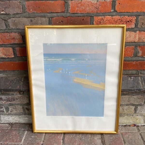 "Blue Sands" print by C Harris featuring a beach and seagulls.