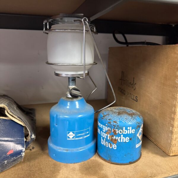 Vintage Camping Gaz lantern with gas canister, model 927.