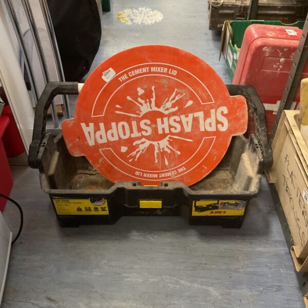 Cement mixer lid and Stanley tool box for garden and DIY projects.
