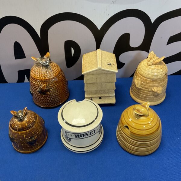 Vintage ceramic honey pots collection, colourful kitchenalia.