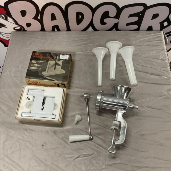 Vintage Chantry knife sharpener model 19-26 with mincer attachment.