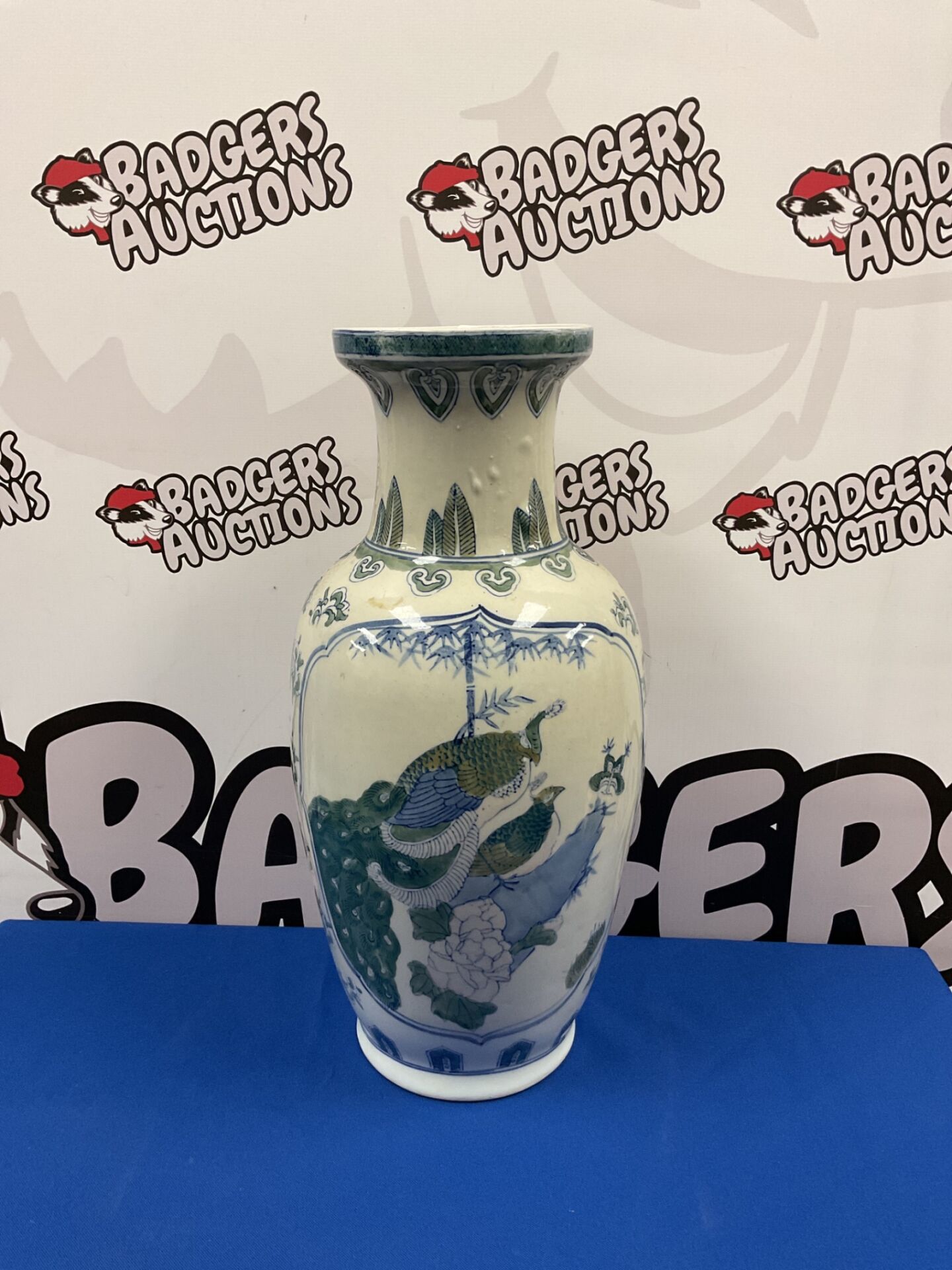 015 Large 19” chinese blue, white & green peacock pattern vase