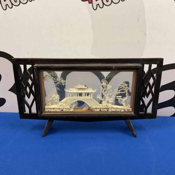 Vintage Chinese cork diorama with a detailed pagoda landscape.