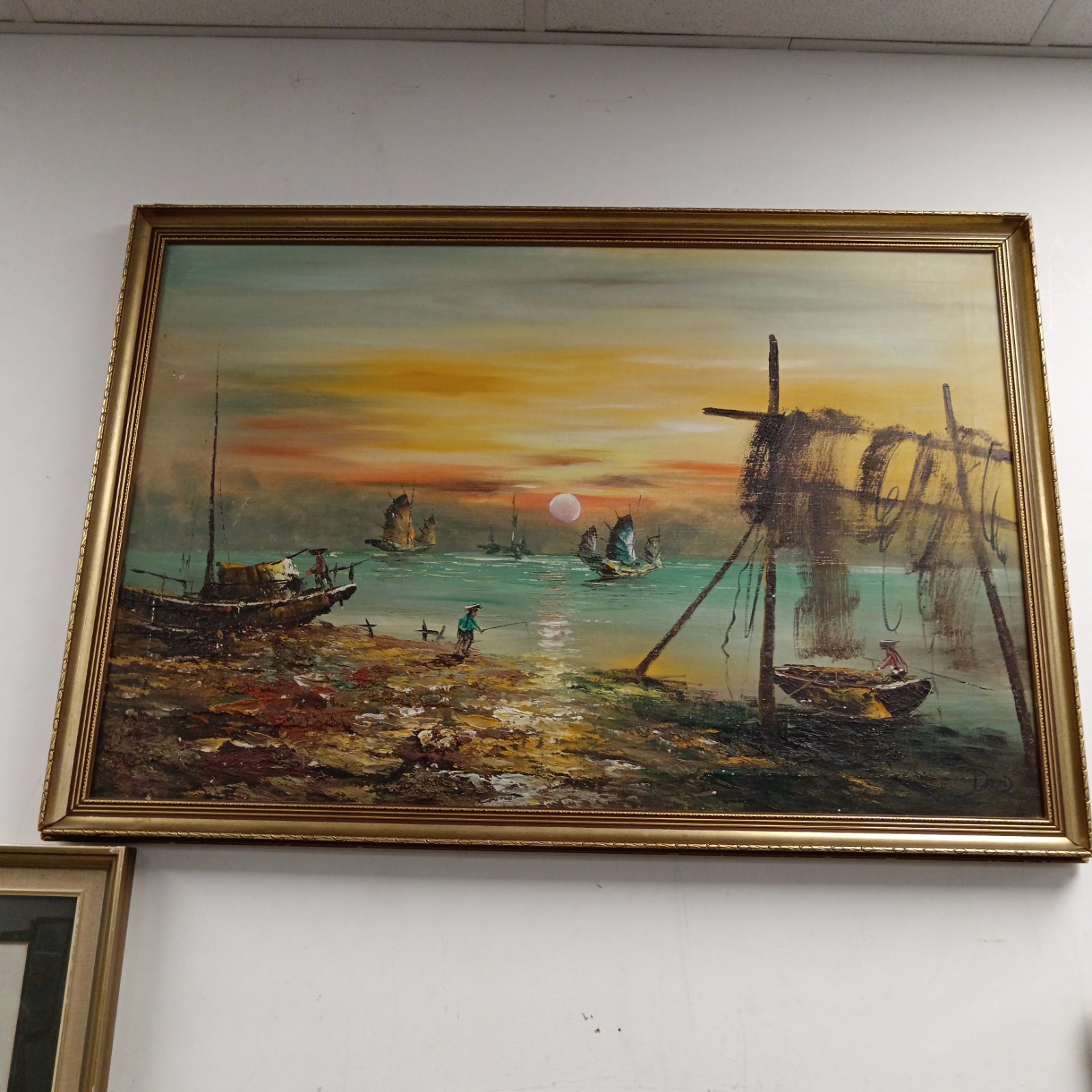 Large oil painting of Chinese junk boats and fisherman signed David.