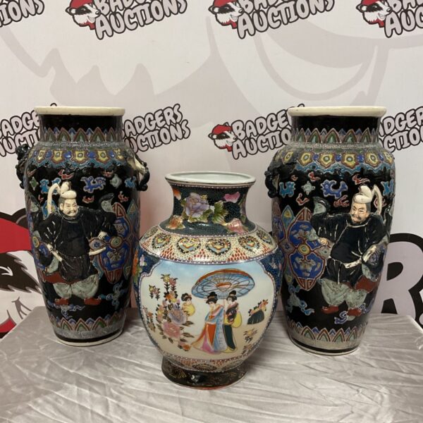 Lot of three vintage hand painted Chinese porcelain vases.