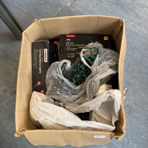 Box of assorted Christmas lights for festive holiday decorations.