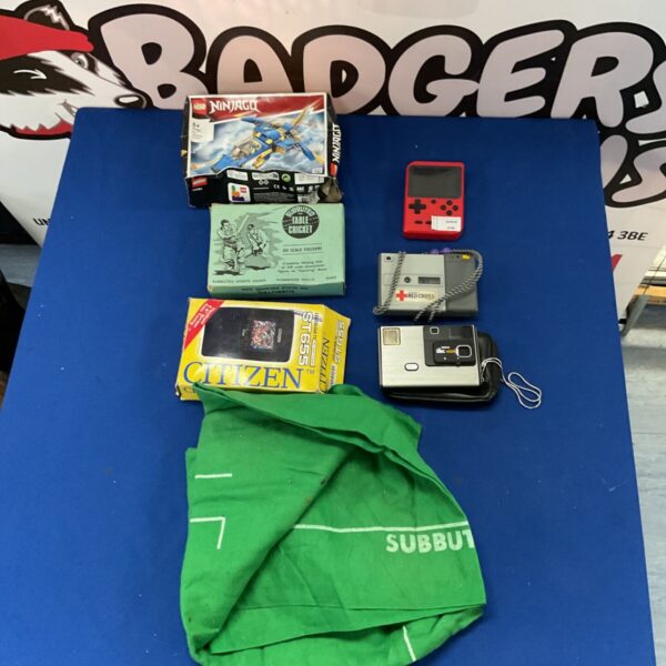 Vintage Citizen LCD colour TV with Lego and Subbuteo.