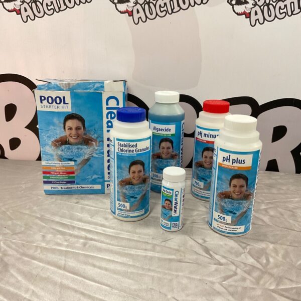 ClearWater Pool Starter Kit with chlorine, pH plus, and algaecide chemicals.