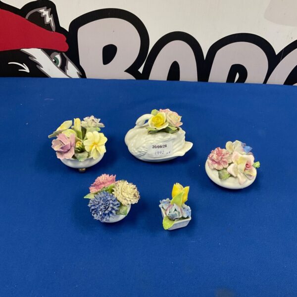 Antique Coalport flower basket with colourful floral arrangement.