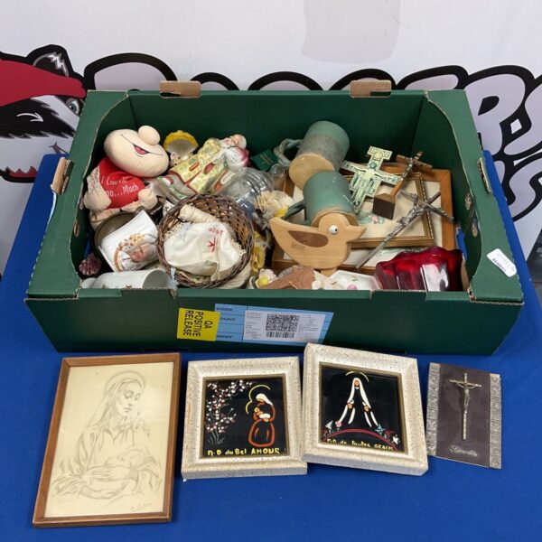 Tray of religious collectables and studio pottery items.