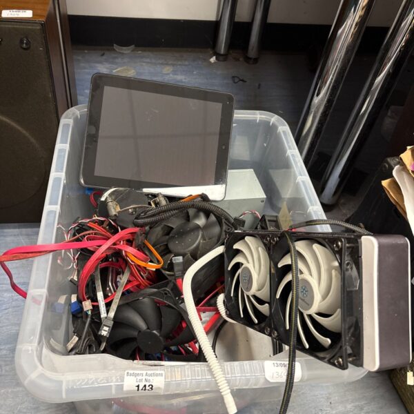 Mixed lot of computing parts and electrical components in a plastic box.