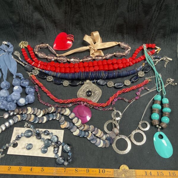Costume jewellery collection featuring colourful chunky necklaces and beaded designs.