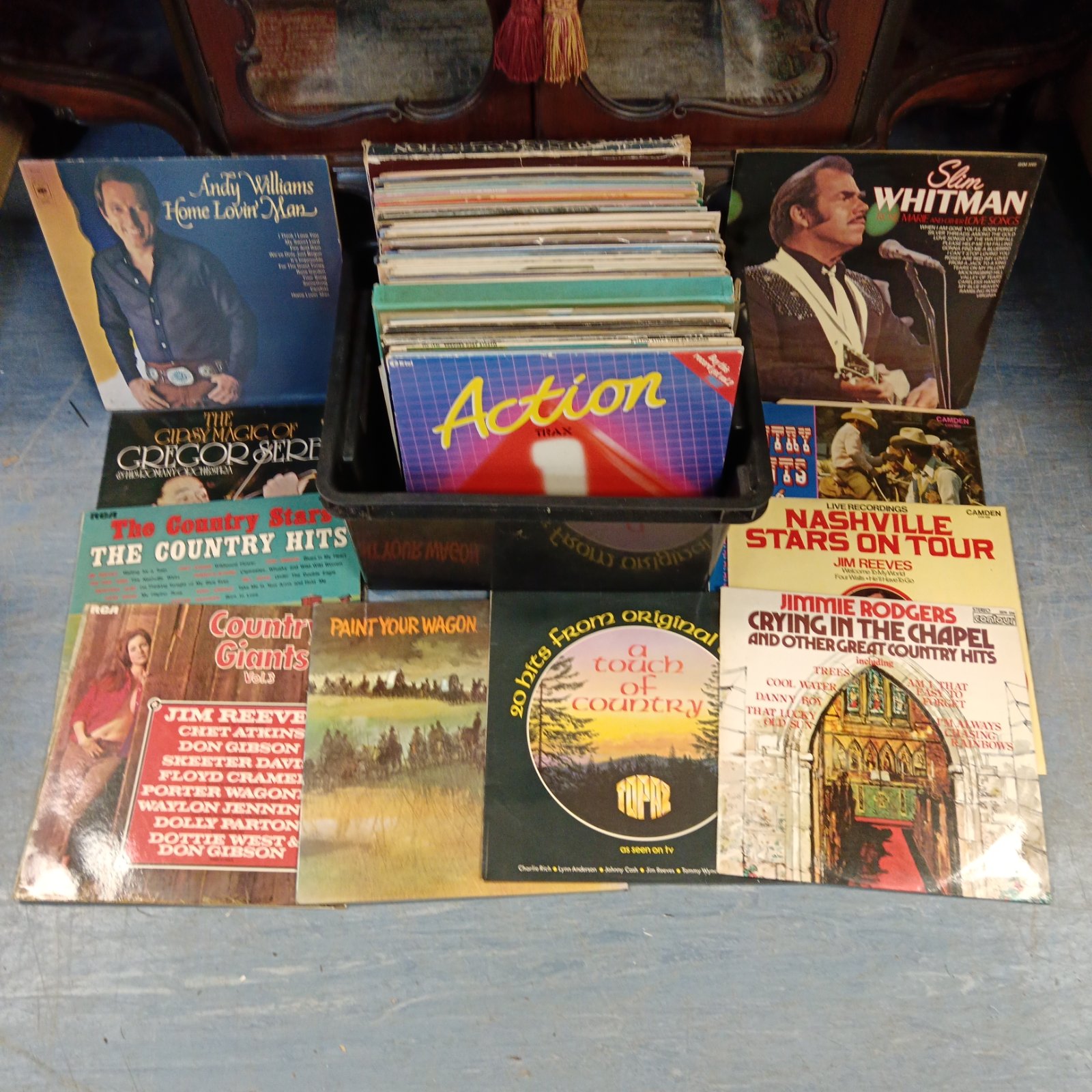 Vintage country vinyl record collection featuring artists like Jim Reeves.