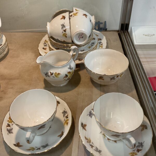 Vintage Crown Royal bone china teaset with autumn leaf pattern.