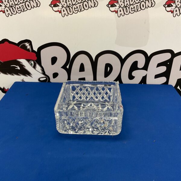 Clear crystal square fruit bowl with pressed glass design.