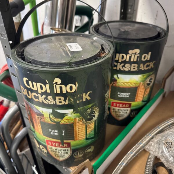 Part-used tubs of Cuprinol Ducksback forest green fence paint.