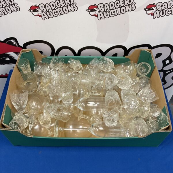Tray of mixed cut glass and lead crystal glasses for sale.