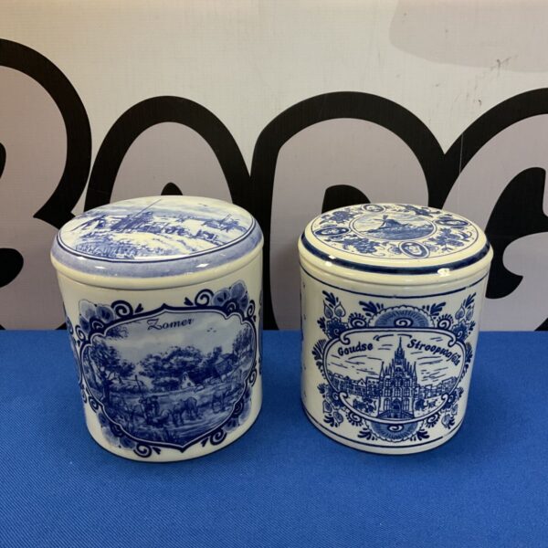 Delft blue pot with summer landscape painting, vintage Dutch ceramics.