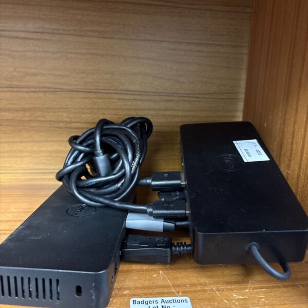 Black Dell D6000 Universal Dock with power cable visible.