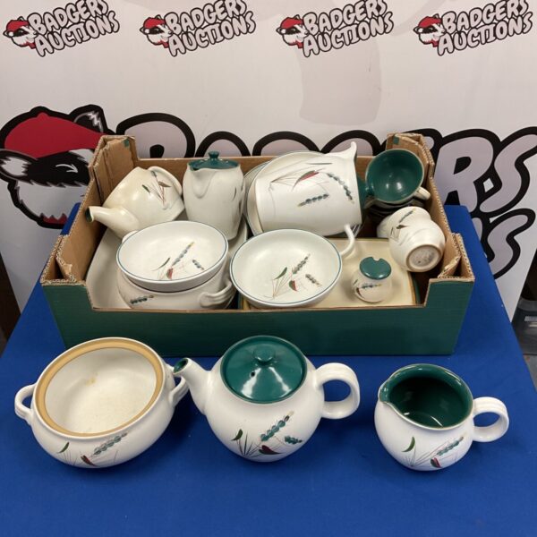Vintage Denby Green Wheat tea and coffee service on display.