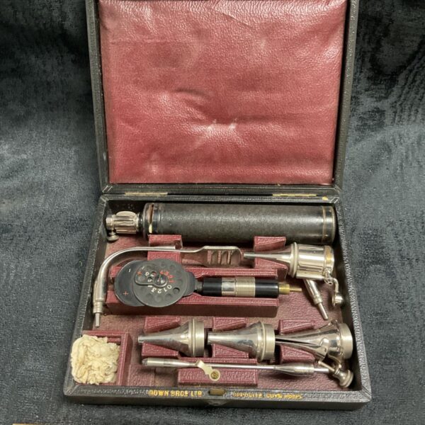 Vintage Down Bros ENT diagnostic set in a cased, antique medical instrument.