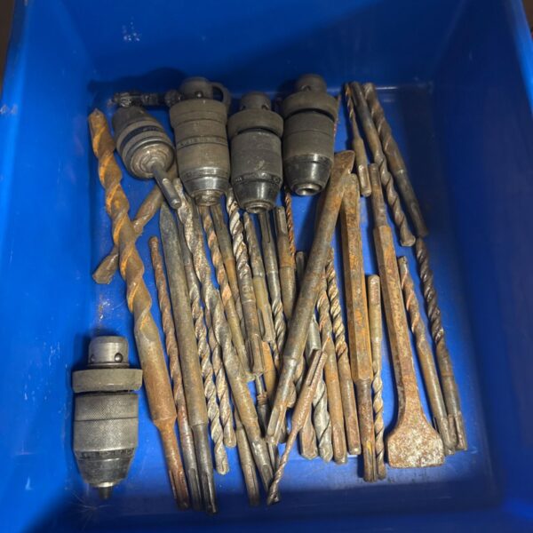 Vintage drill bit and chuck lot for metalworking and DIY projects.