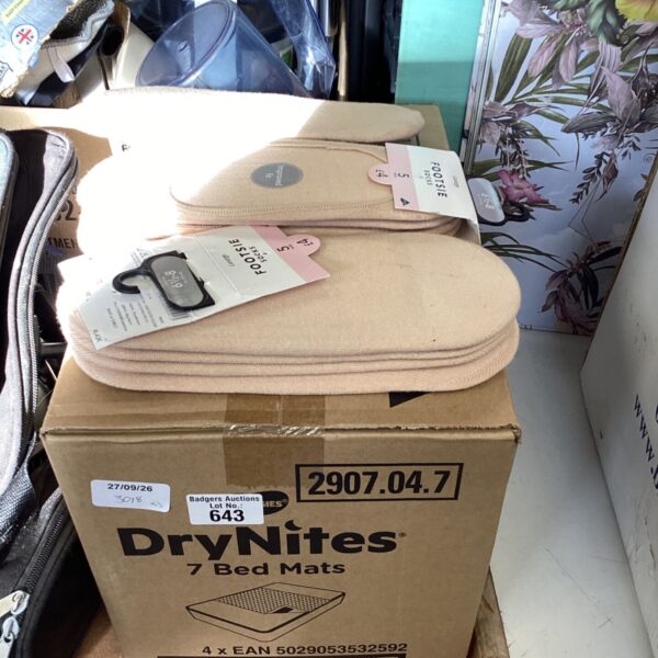 Drynites bed mats and footsies for nighttime dryness training.