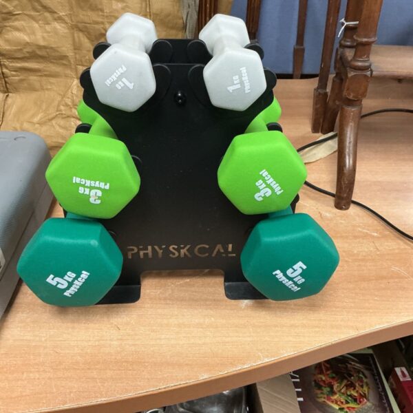 Rubber coated dumbbell set with metal rack for home fitness.