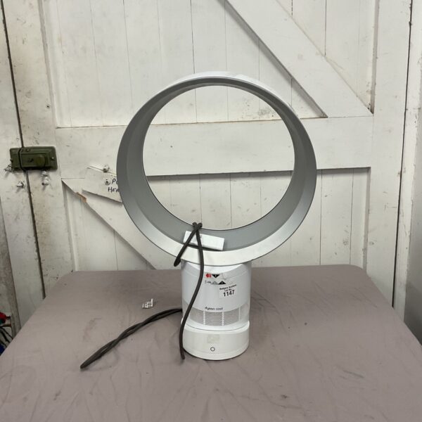 Silver Dyson AM06 bladeless fan on a table.