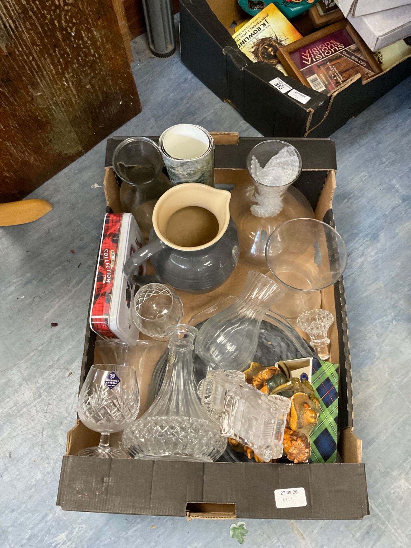 344 Box of mixed items inc Edinburgh Crystal glasses