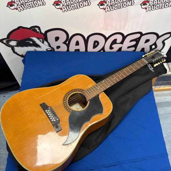 Vintage Eko J.53 acoustic guitar with case, side view.