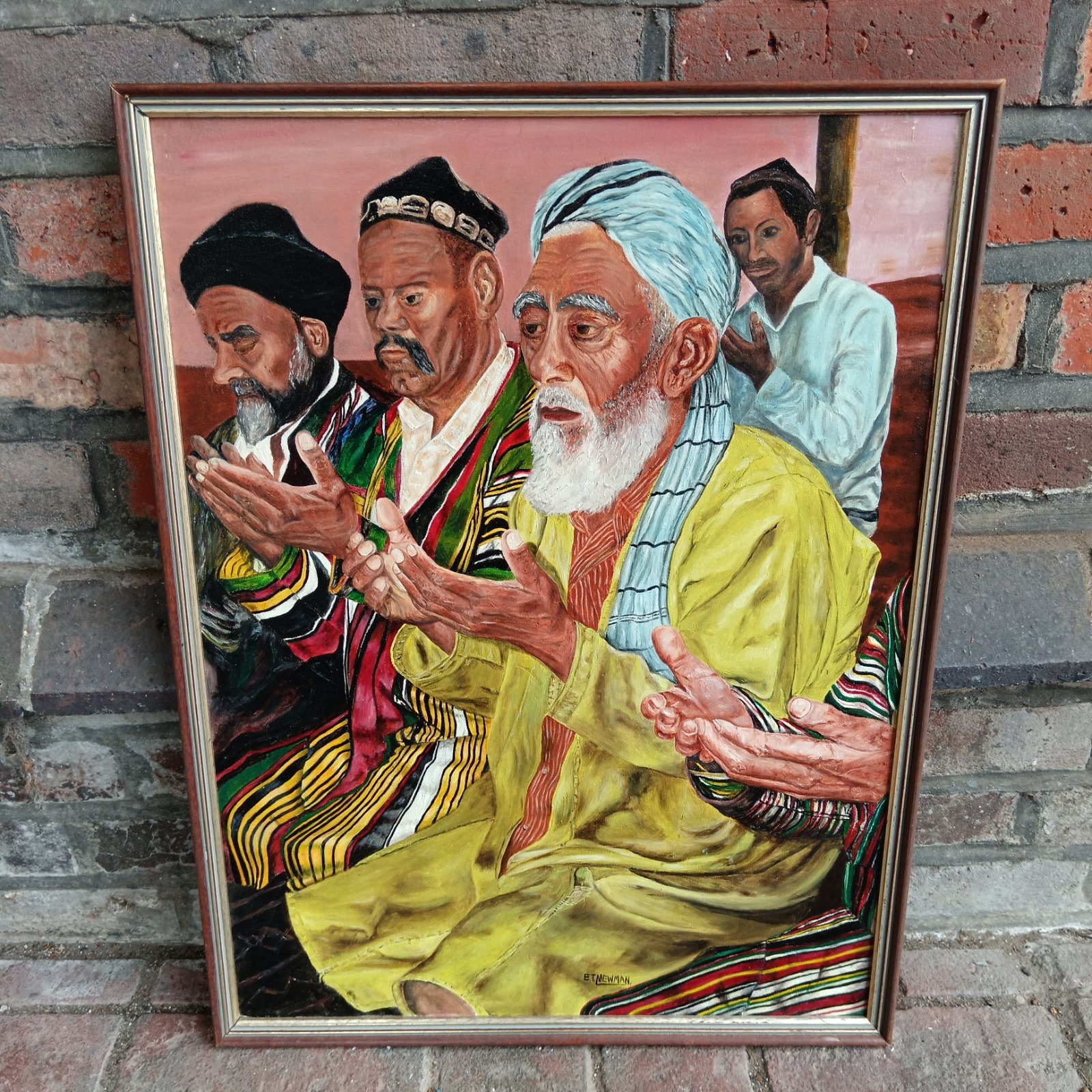 E T Newman oil painting of elders at devotion, a religious art study.
