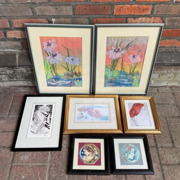 Collection of framed fairy and floral art prints by Cathy Myhill and Edward Org.