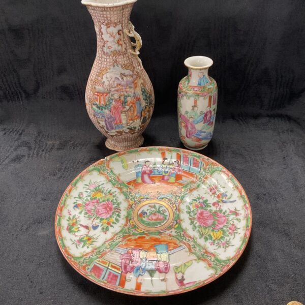Antique Famile Rose porcelain vases and plate with rose patterns.