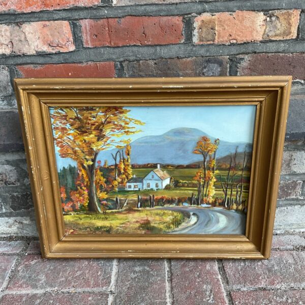 Original oil painting of a farmhouse with mountains in the background.