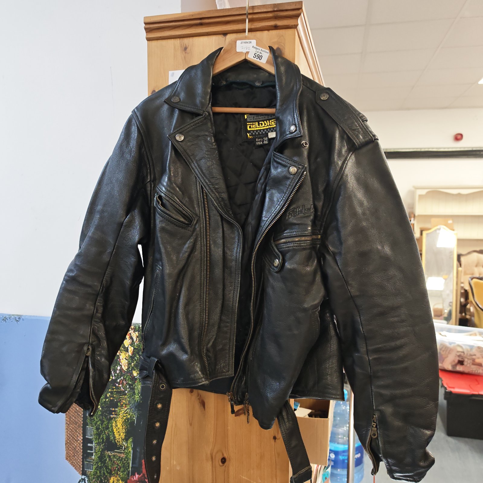Black Fieldsheer leather motorcycle jacket size 46, front view.