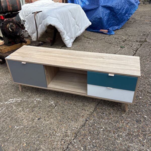 Modern Finori Cuba low cabinet with grey and light wood finish.
