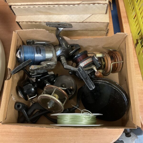 Vintage fishing reels lot including Wychwood and Intrepid brands.