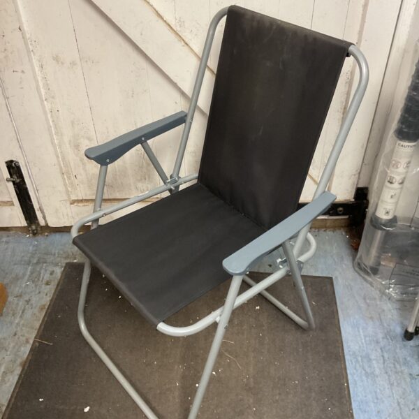 Black folding garden chair with metal frame, suitable for outdoor use.