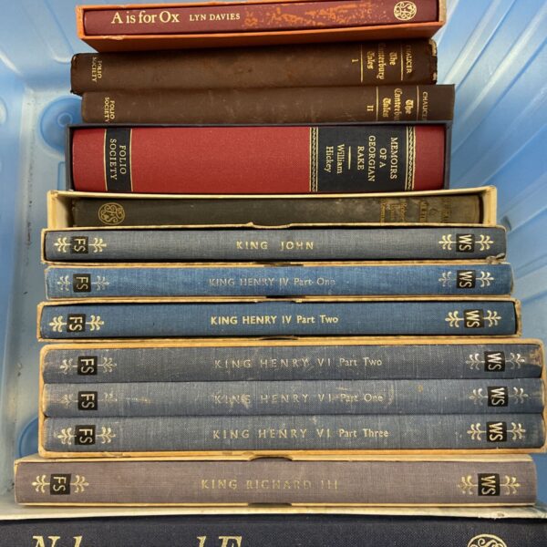 Collection of vintage folio books including Canterbury Tales and historical dramas.