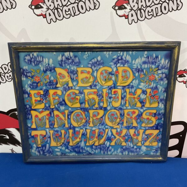 Vintage framed alphabet painting on silk, colourful letter art.