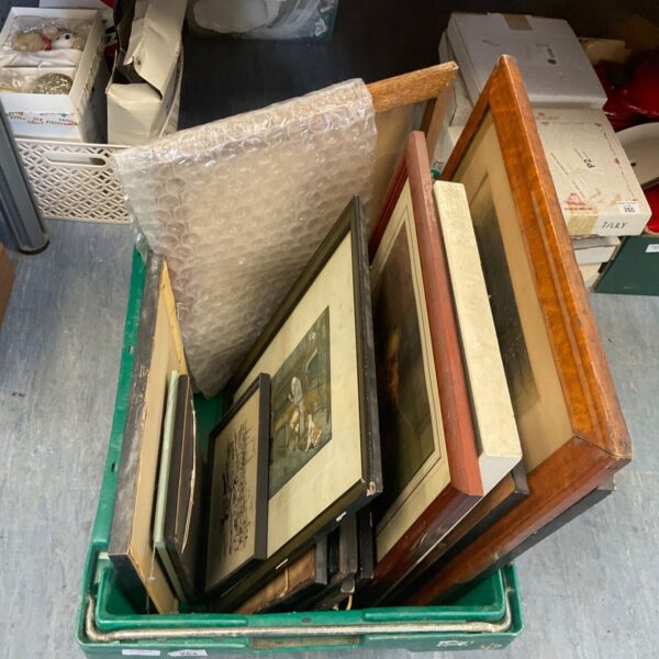 Lot of vintage framed artwork including paintings and prints.
