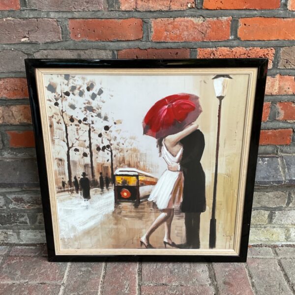 Romantic French street scene painting with a couple under an umbrella.