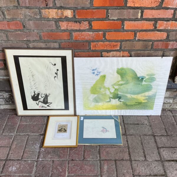 Collection of four vintage frog themed artworks, including framed prints.