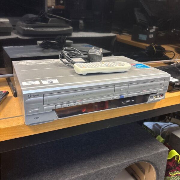 Funai DVD VHS recorder combo unit with remote control.