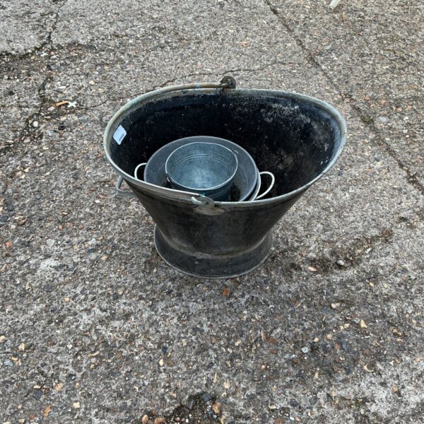 Vintage galvanised coal buckets set, showing wear and patina.