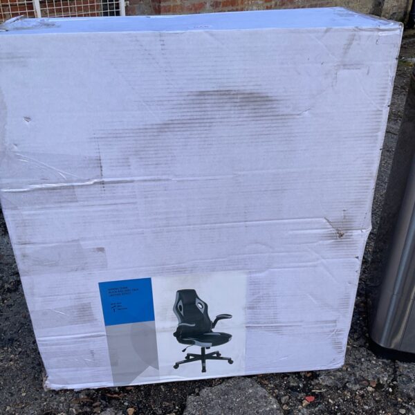 Black and grey gaming chair in original box, ready for auction.