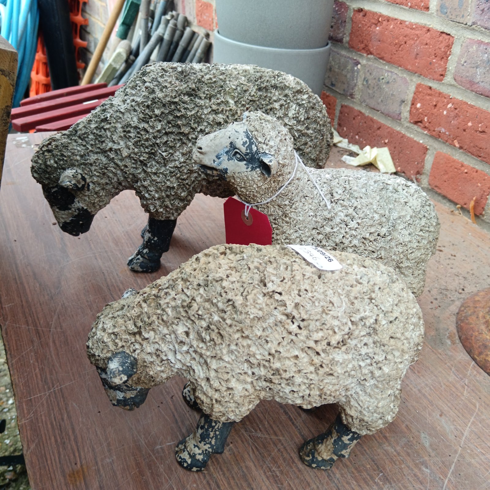 Three weathered concrete garden sheep ornaments in a garden setting.