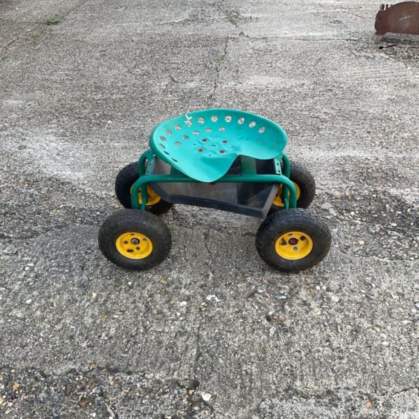 Blue garden weeding trolley with four wheels for outdoor use.