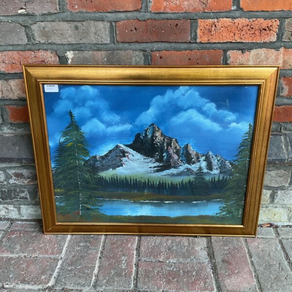 Original Gaz impasto oil painting of a scenic mountain lake landscape.